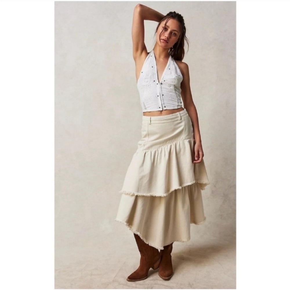 Free People Natural Tiered Denim Ruffle Skirt Womens Size 24 Off White Boho Long